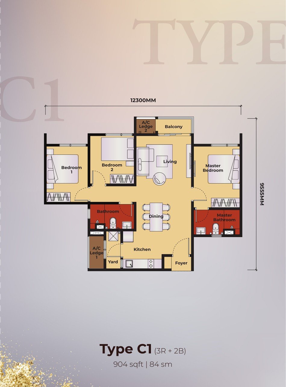 Kingswoodz Type C1 floor plan, 904 sq ft, 3 rooms 2 bath