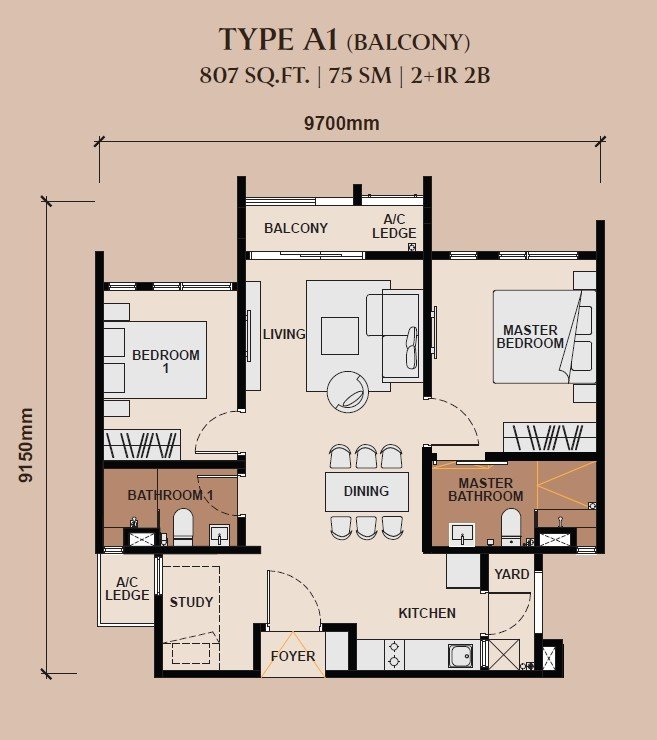 Queenswoodz Type A1 floor plan, 807 sq ft, 2+1 rooms 2 bath