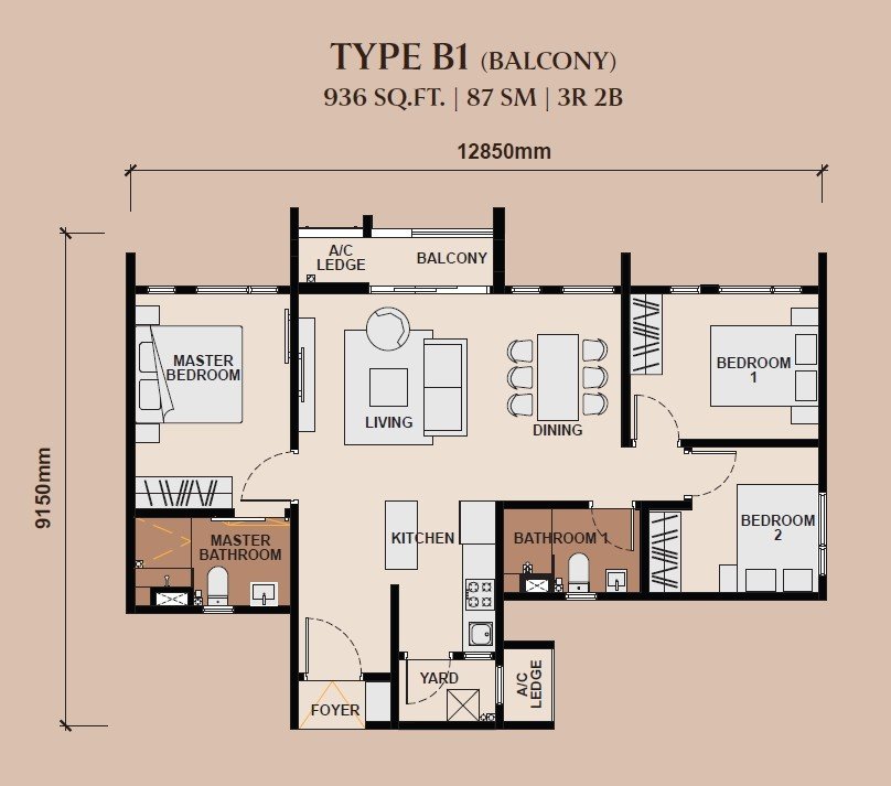 Queenswoodz Type B1 floor plan, 936 sq ft, 3 rooms 2 bath