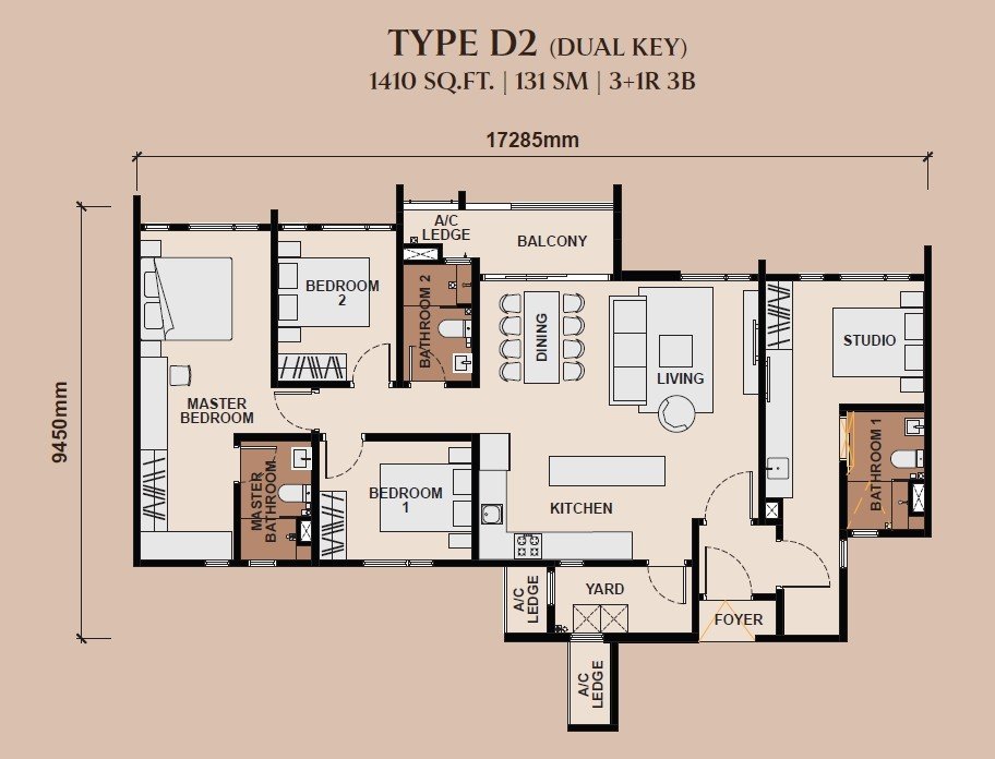 Queenswoodz Type D2 dual-key floor plan, 1410 sq ft, 3+1 rooms 3 bath